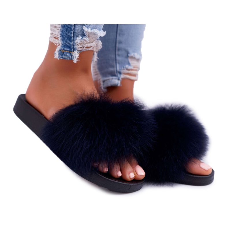 Női papucs natúr szőrmével Naturis Navy Blue sötétkék