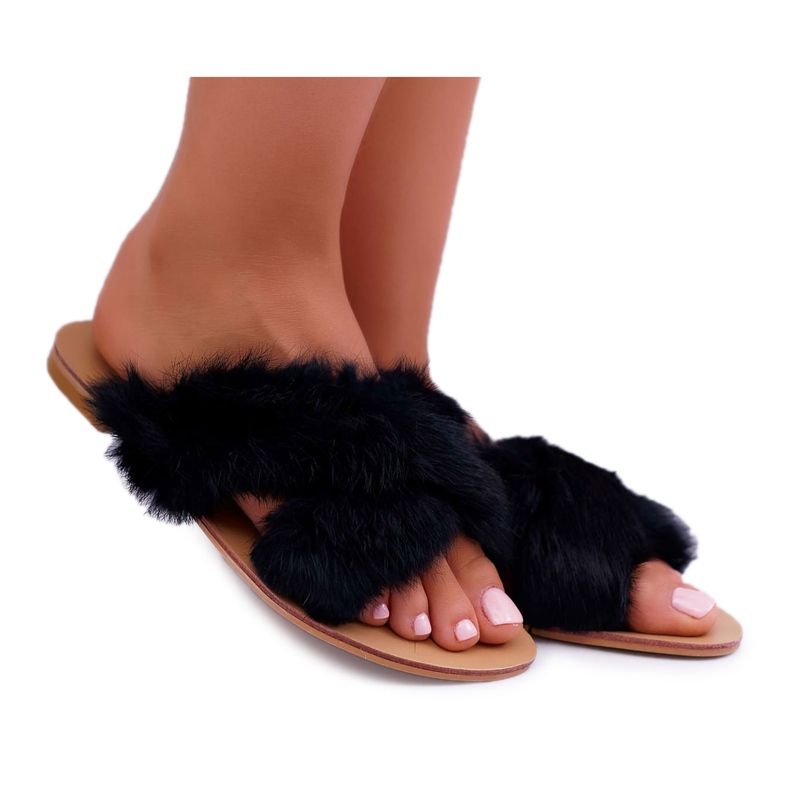 Női papucs Fur Lu Boo Black Pimmerrel fekete