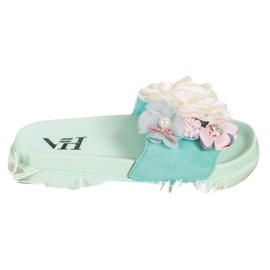 SHELOVET Velúr papucs virágokkal zöld