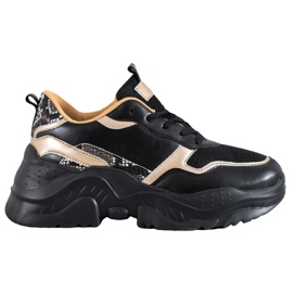 SHELOVET Fekete cipők arany betétekkel sárga