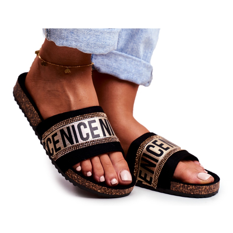 EVE Női fekete papucs a parafán BeNice arany strassz sárga