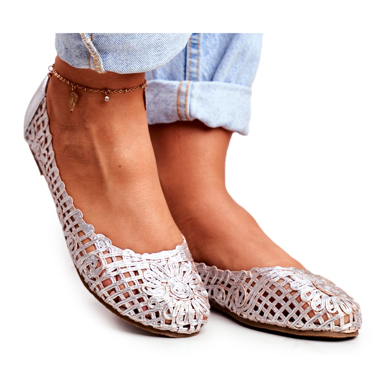 Lu Boo női balerinák ezüst áttört fonott hordtáska szürke