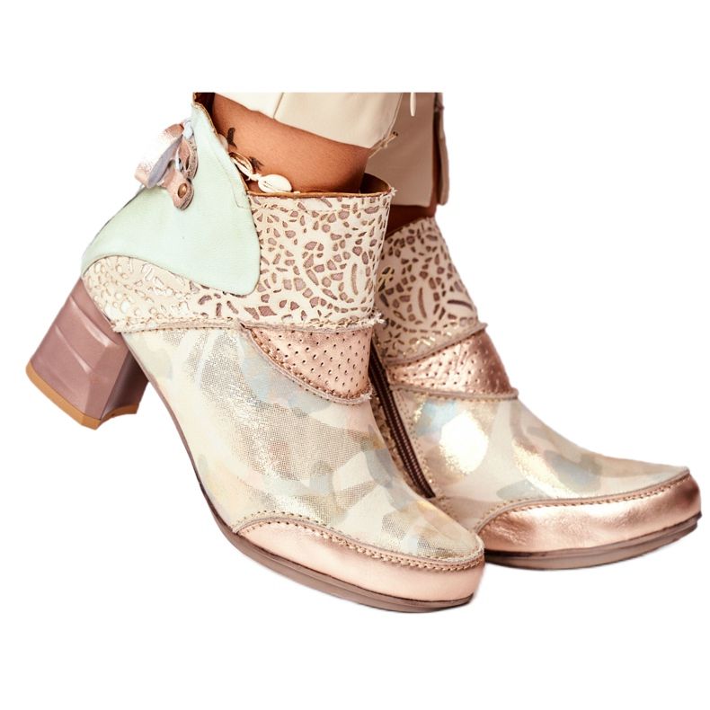 Női csizma magas sarkú Maciejka bézs 03410-04 zöld aranysárga