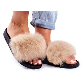 Női papucs természetes szőrmével, bézs Bushido