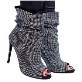 Női Csizma Magas sarkú Lu Boo Strasszos Fekete Sávok ezüst