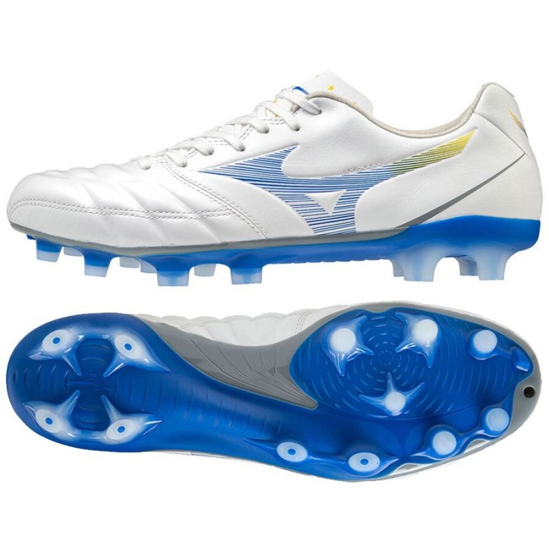 Mizuno Rebula Cup Elite Fg M P1GA207225 futballcipő fehér, kék, sárga fehér