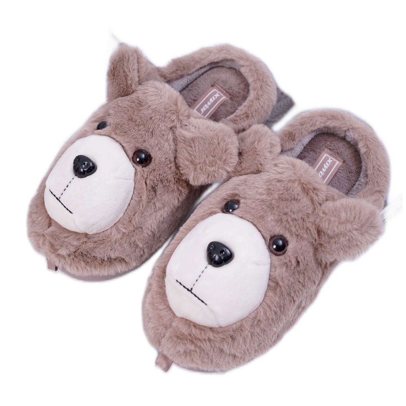 Női papucs szőrme barna medvével bézs