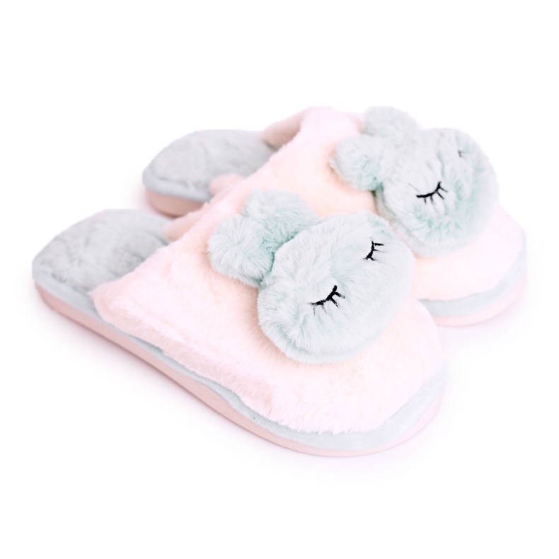 Női szőrme papucs világos zöld nyúl rózsaszín