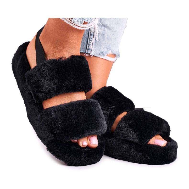 FJ1 Női papucs a platformon Fur Black Cotton Candy fekete