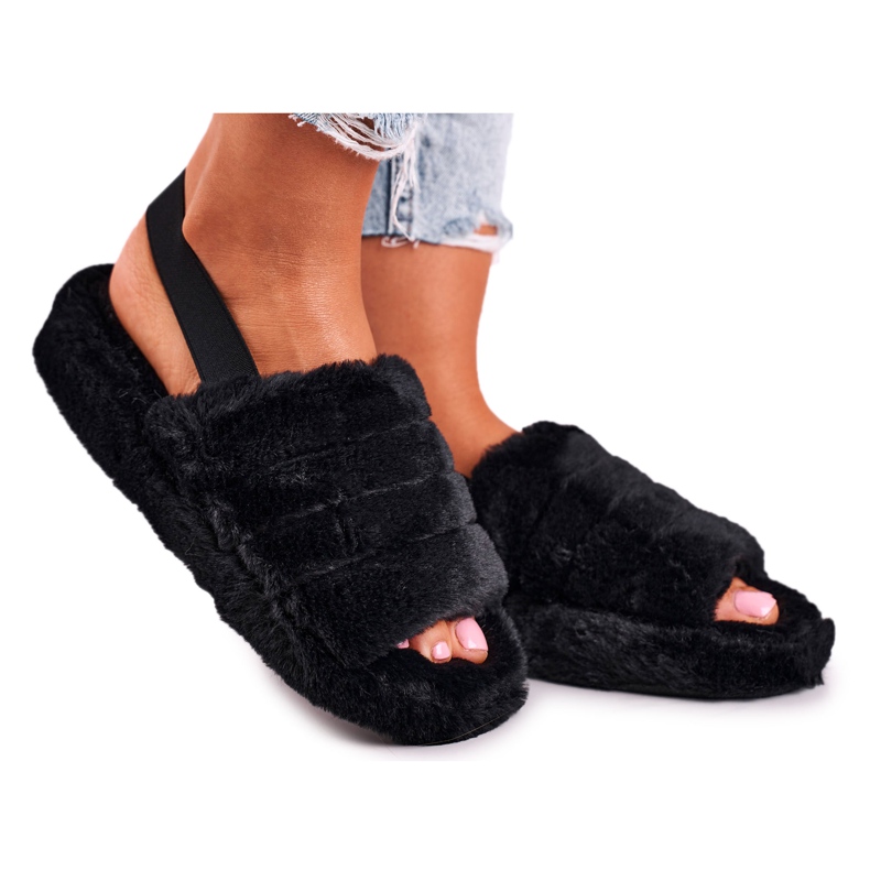 FJ1 Női papucs a szőrme platformon, fekete hópehely