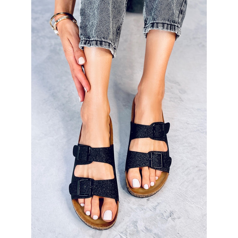 Alexa fekete csillogó parafa papucs 1