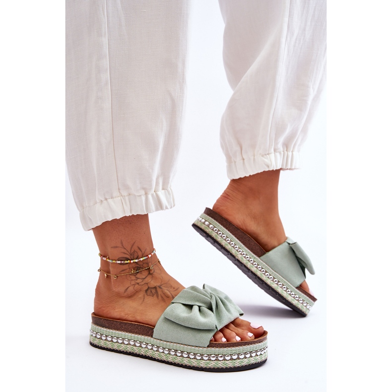 Női velúr papucs masnival, Lauria Green zöld 1