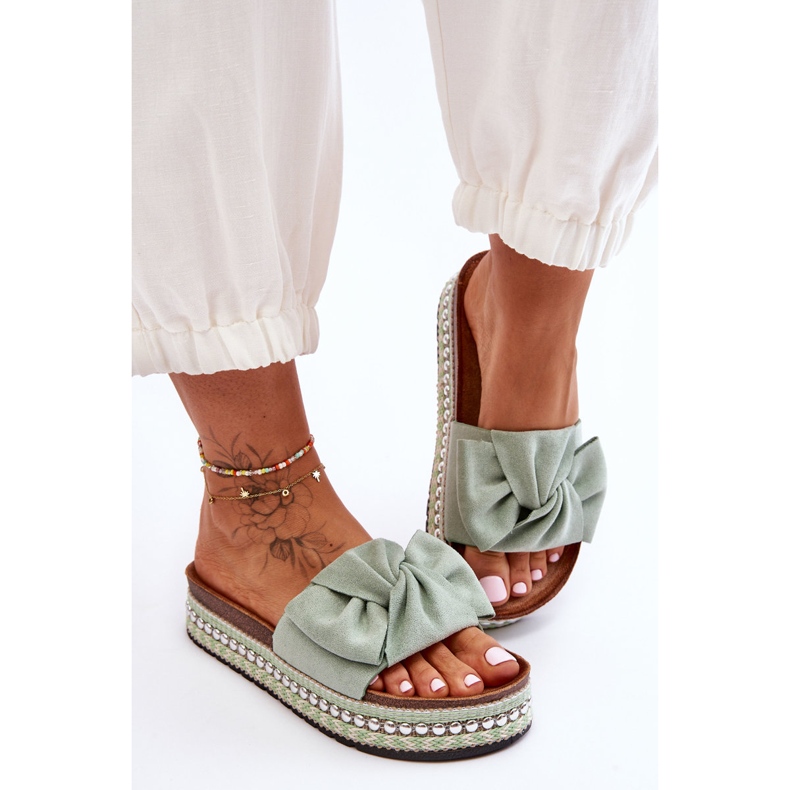 Női velúr papucs masnival, Lauria Green zöld 2 Női velúr papucs masnival, Lauria Green zöld 2