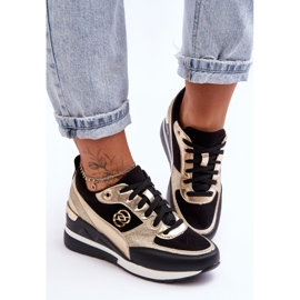 PE1 Női, fűzős, ék alakú tornacipő, fekete-arany Genova 2