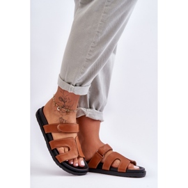 FJ1 Bőr klasszikus női tépőzáras papucs barna Amedon 1