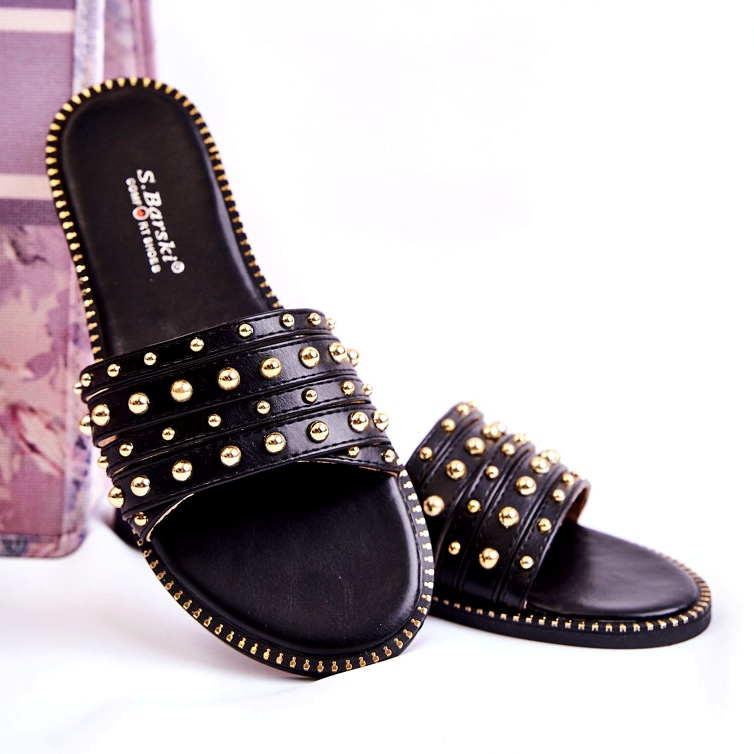 S.Barski Női bőr papucs fekete díszítéssel 2