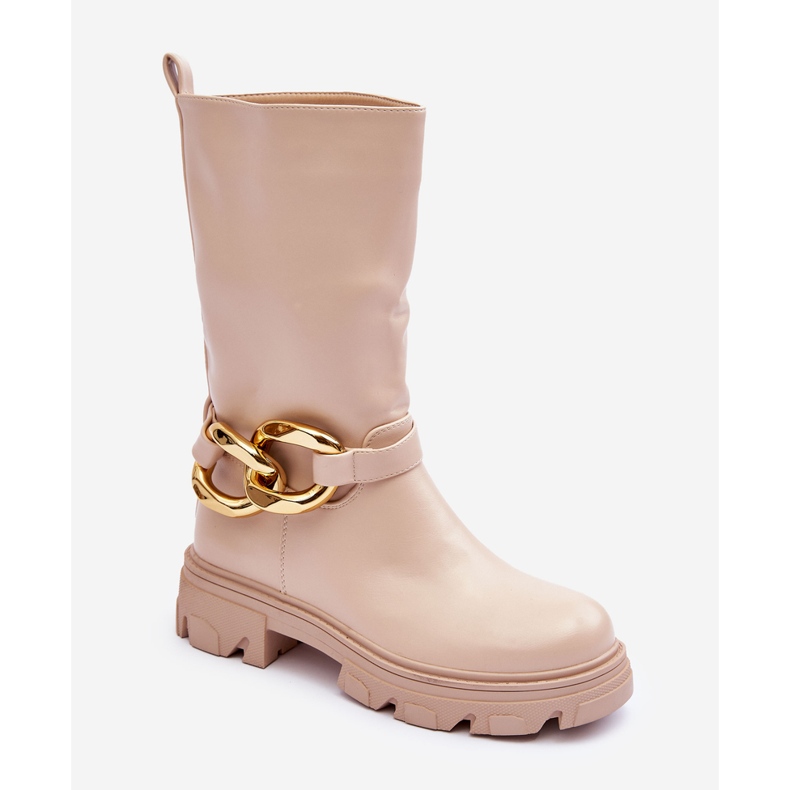 Bőr lapos sarkú csizma bézs Diominna 1