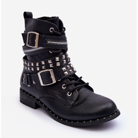 LU BOO Gyermek bokacsizma szegecsekkel, cipzárral és csatokkal, fekete 1