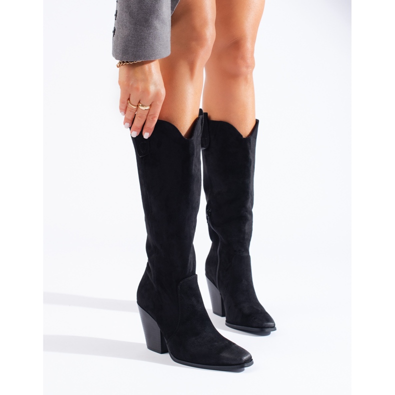 Shelovet női fekete velúr magas sarkú cowboy csizma 2