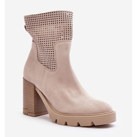 Lewski Shoes Velúr áttört női csizma magas sarkú világos bézs Lewski 3386 1