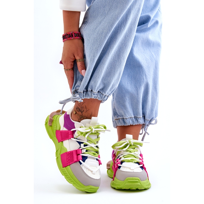 Seastar Divatos, fűzős női sportcipő, zöld-rózsaszín sokszínű 4