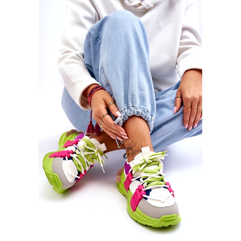 Seastar Divatos, fűzős női sportcipő, zöld-rózsaszín sokszínű 3