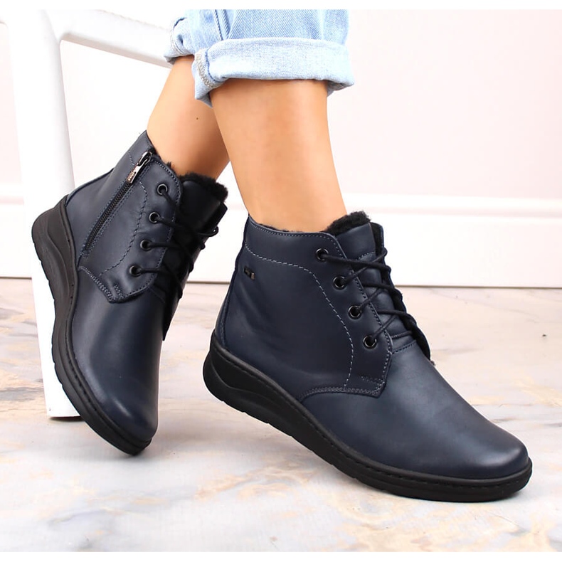 Női bőr, fűzős és cipzáras hőszigetelt bokacsizma, sötétkék Helios 584 1 Női bőr, fűzős és cipzáras hőszigetelt bokacsizma, sötétkék Helios 584 1