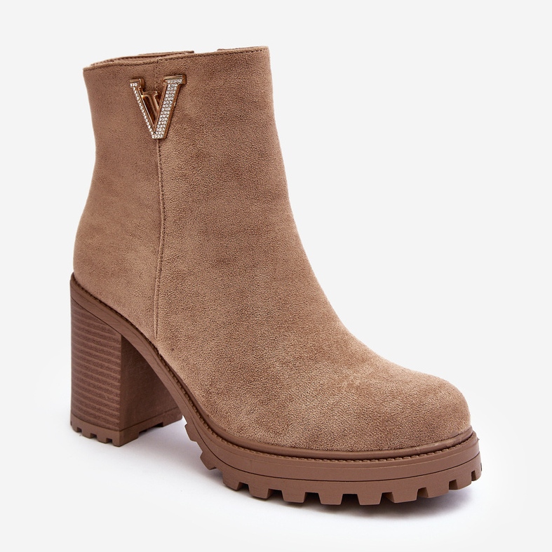 WJ2 Női velúr magas sarkú bokacsizma díszítéssel, bézs erős 1