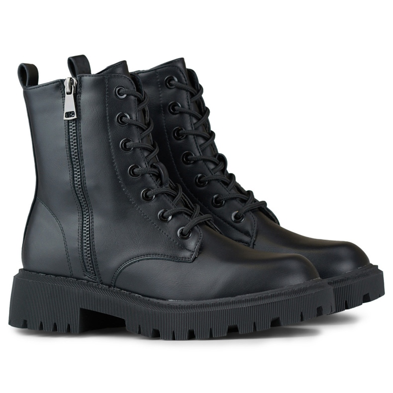 Női fekete eco-bőr fűzős bokacsizma 1