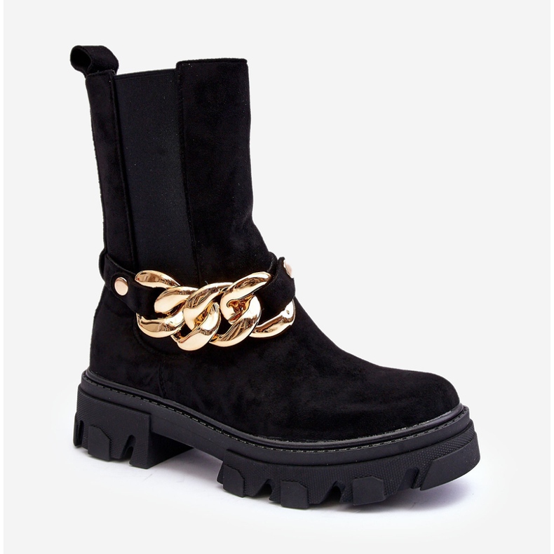 Velúr női bokacsizma lánccal, fekete nemette 1