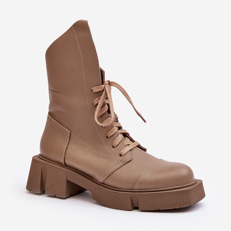 Női bőrmunkás bokacsizma masszív lapos sarkon Zazoo 976A sötét bézs 2