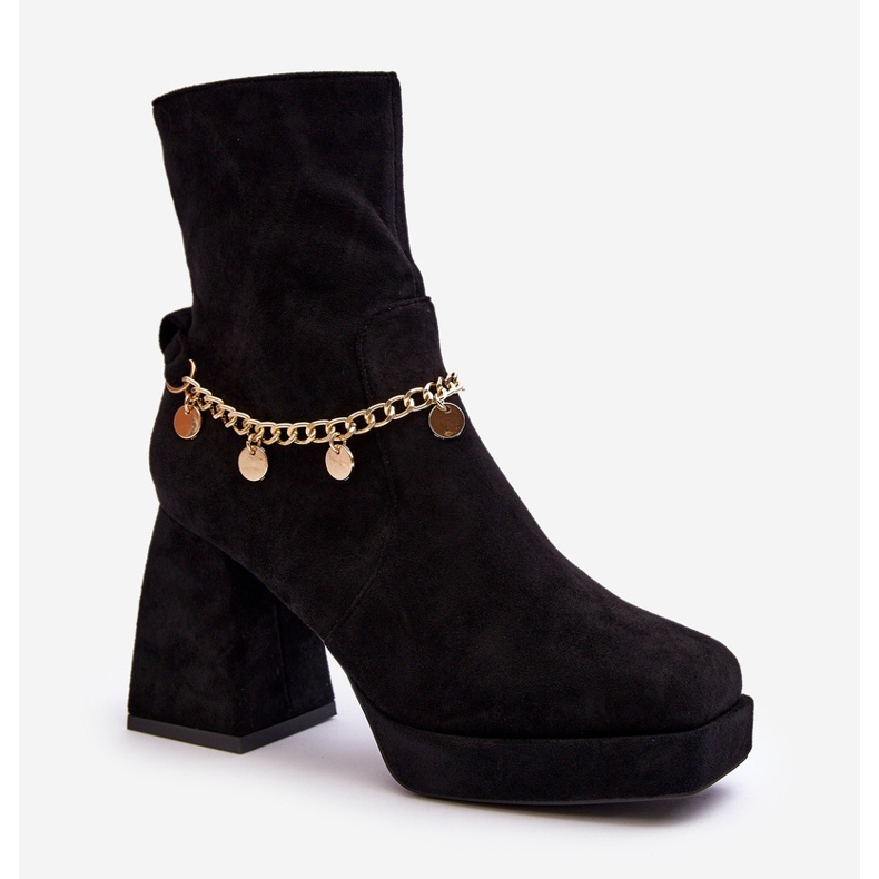 Női magassarkú bokacsizma fekete Tiselo lánccal 1