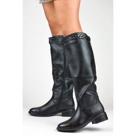 Ekobőrből készült, lapos talpú női térdcsizma fekete 2