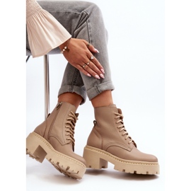 Zazoo 3413 női bőrmunkás bokacsizma masszív magassarkúval, bézs 1