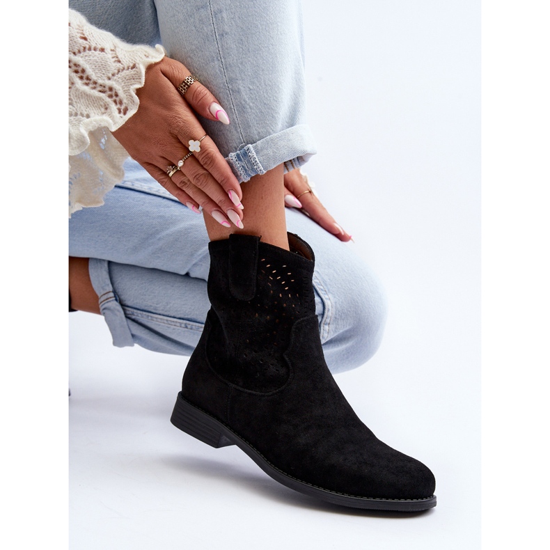 S.barski HY66-135 áttört női csizma lapos sarkú, fekete 2