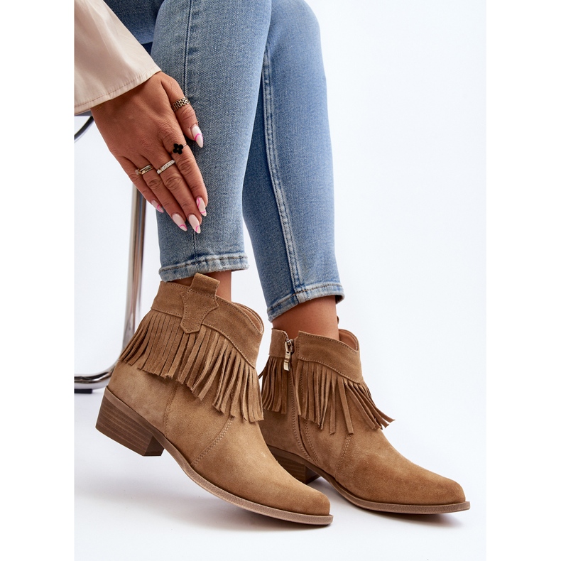 Zazoo 3430 Velúr női csizma rojtokkal, bézs 1