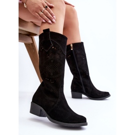 Zazoo 4043 velúr áttört magassarkú csizma fekete 1