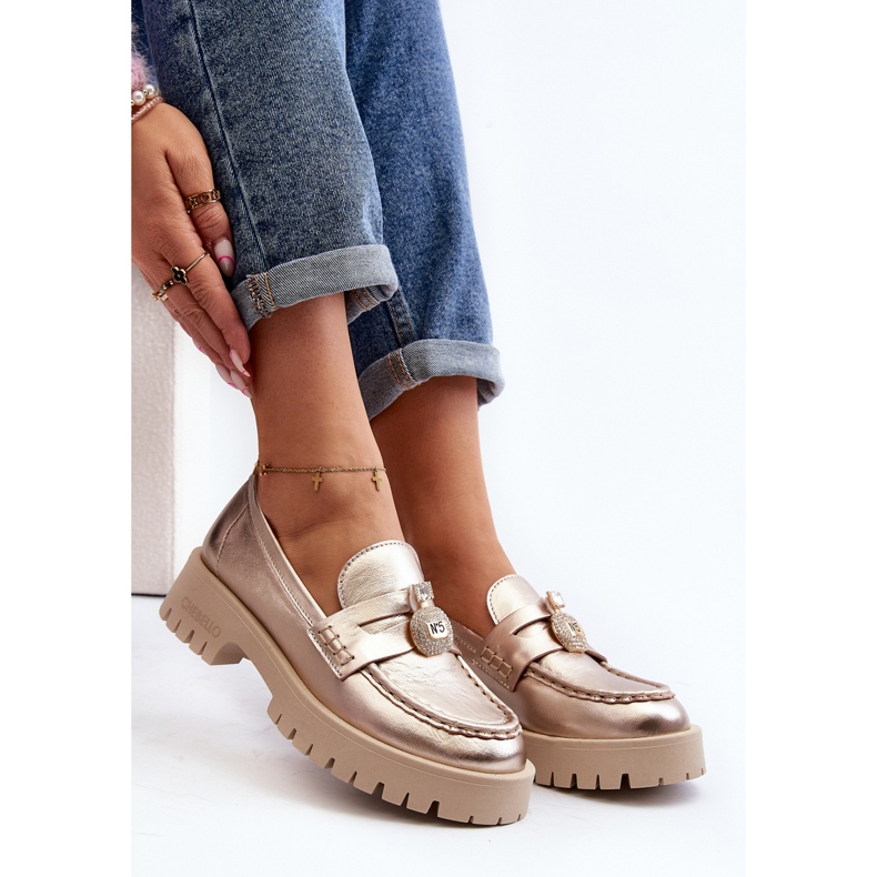 Bőr cipők, mokaszinok CheBello 4291 arany díszítéssel aranysárga 1