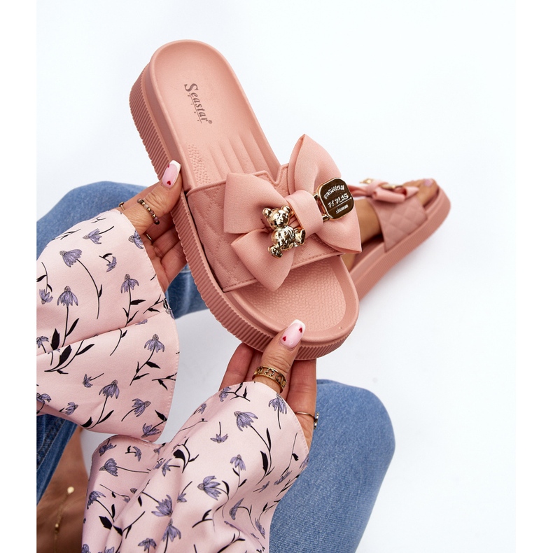 Női papucs masnival és mackóval, Pink Katterina rózsaszín 1