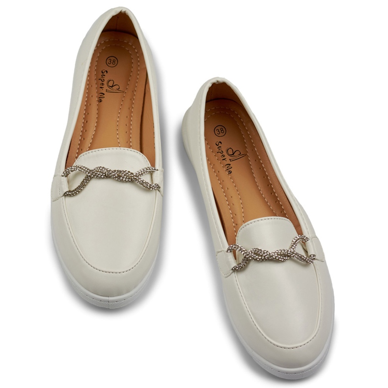 Kényelmes fehér női mokaszin strasszokkal 1