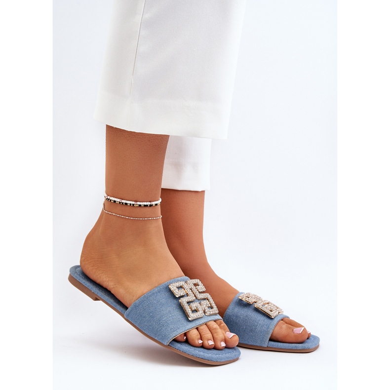 Női farmer papucs lapos sarokkal és díszítéssel, kék inaile 1