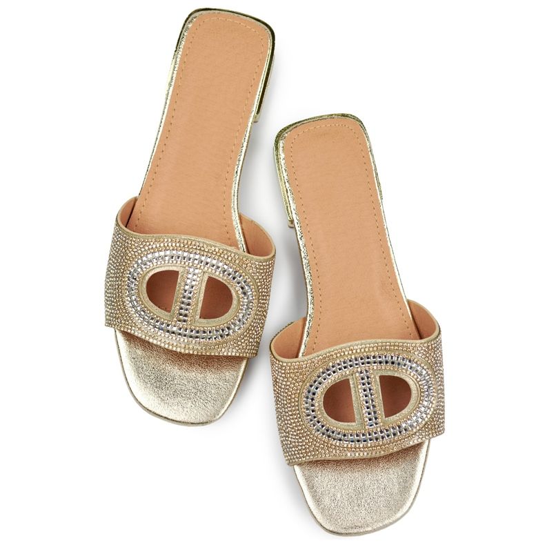 Elegáns arany színű, alacsony sarkú flitteres női papucs aranysárga 1