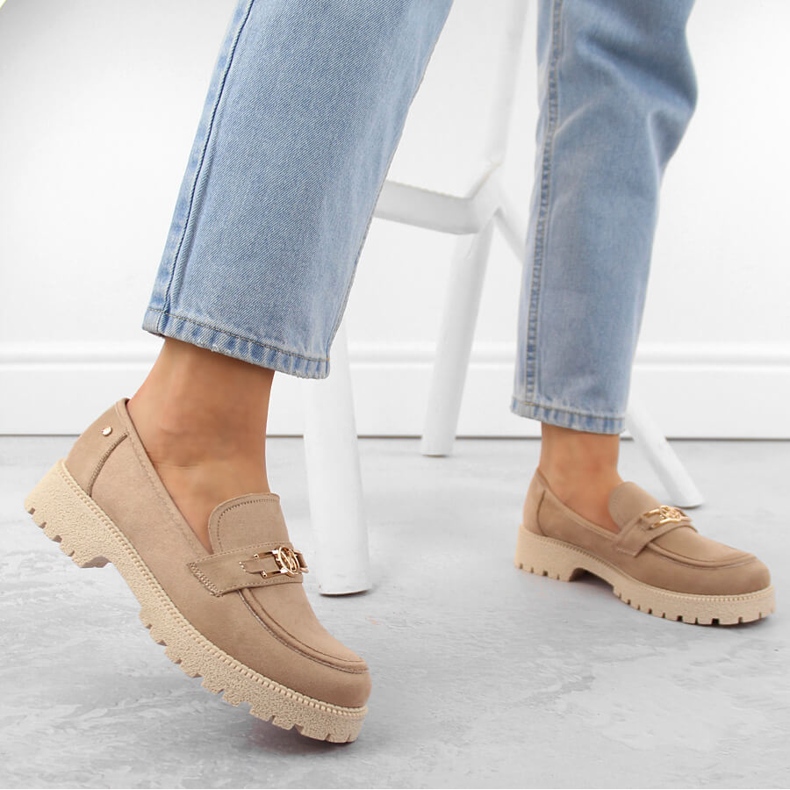 Velúr női cipők, bézs mokaszinok Potocki YQ21047 2