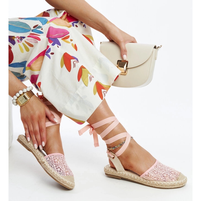 Teha rózsaszín csipke espadrillák nyitott sarokkal 1