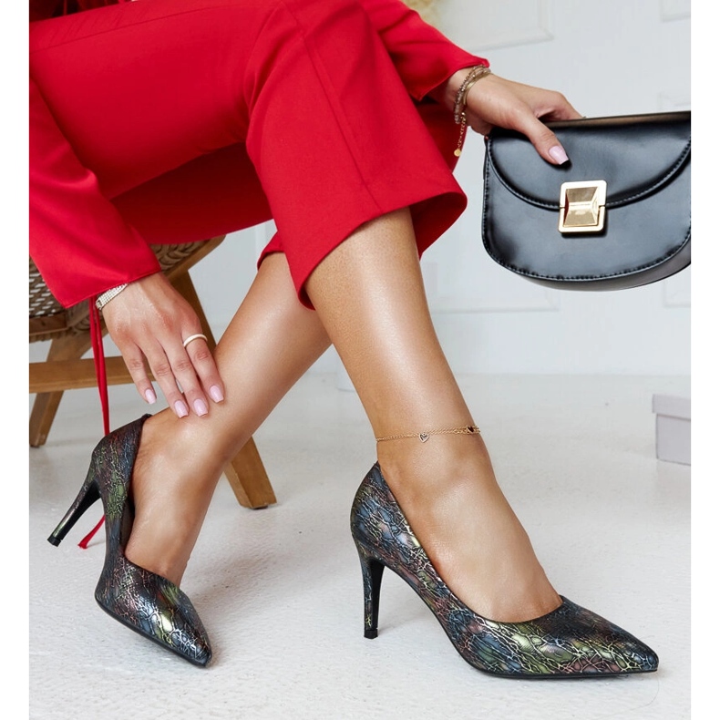 Fekete metál magassarkú, bőr Gantier betéttel 1