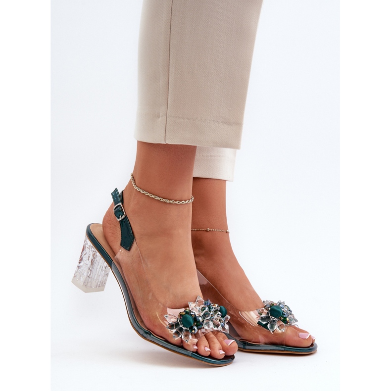 S.Barski Átlátszó szandál magassarkú díszítéssel, zöld D&amp;A MR38-D1 2