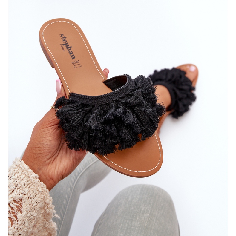 Női lapos papucs rojtokkal, fekete Rialle 1