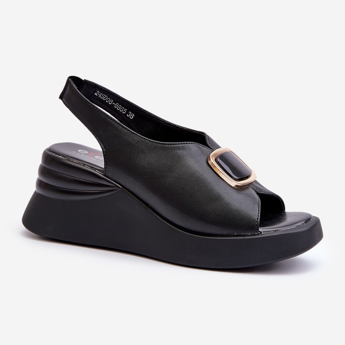 Bőr női ékszandál díszítéssel, fekete Salvania 1