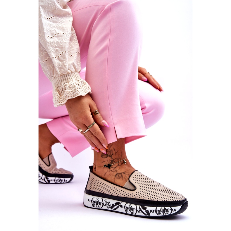 S.Barski Női áttört bőr tornacipő Slip-On bézs Sorito 3