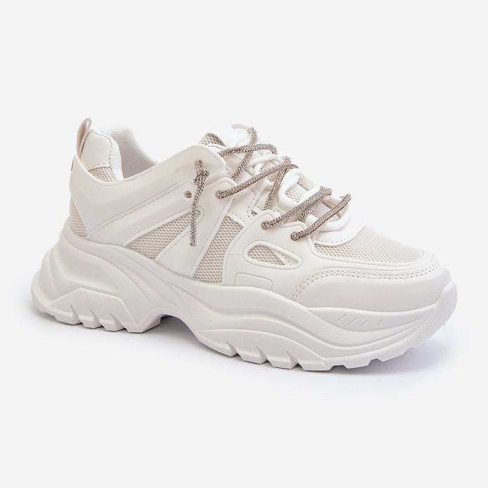 Női tornacipő masszív talpon, dekoratív fűzővel, fehér relissa 1